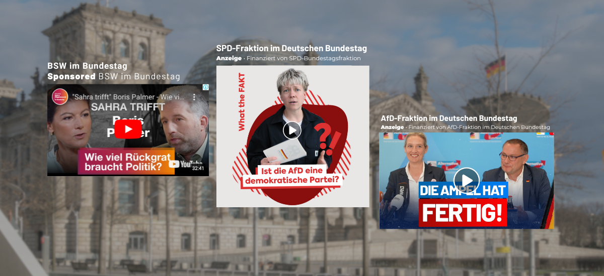 Der Bundestag im Hintergrund, davor drei Screenshots von Social Media Beiträgen. Einer der SPD, einer der AfD, einer des BSW.