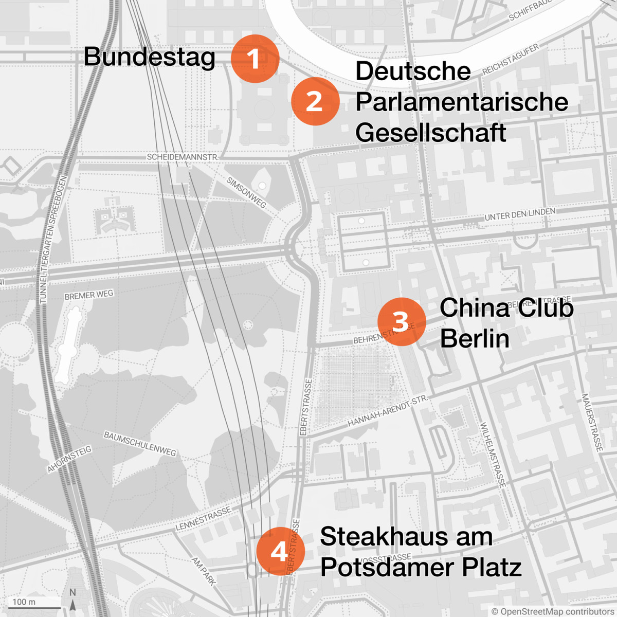 Kartenausschnitt von Berlin mit Bundestag, parlamentarische Gesellschaft, China Club und einem Steakhaus am Potsdamer Platz