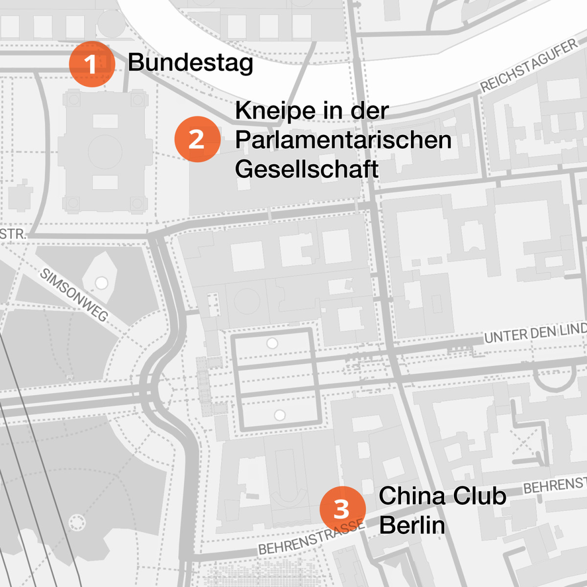 Kartenausschnitt von Berlin mit Bundestag, parlamentarischer Gesellschaft und China Club Berlin