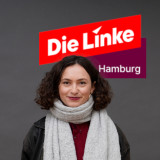 Porträt von Antonia Ivankovic. Eine Frau mit kinnlangen, lockigen, braunen Haaren. Sie trägt einen großen grauen Winterschal um ihren Hals. Hinter ihr ist das Logo der Partei Die Linke zu sehen (weiße Schrift auf rotem Untergrund).