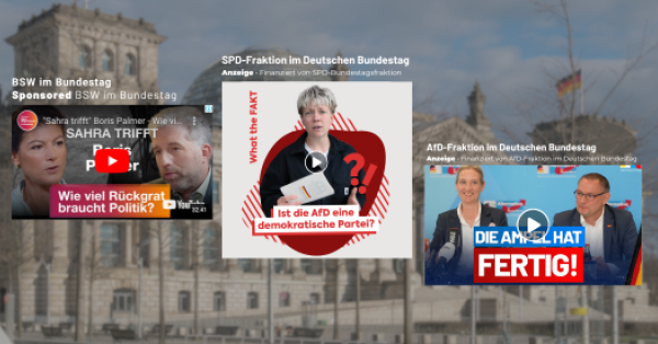 Der Bundestag im Hintergrund, davor drei Screenshots von Social Media Beiträgen. Einer der SPD, einer der AfD, einer des BSW.