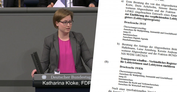 Screenshot Bundestag TV, Rede von Katharina Kloke, FDP zum Lobbyregister (Auszug aus dem Protokoll)